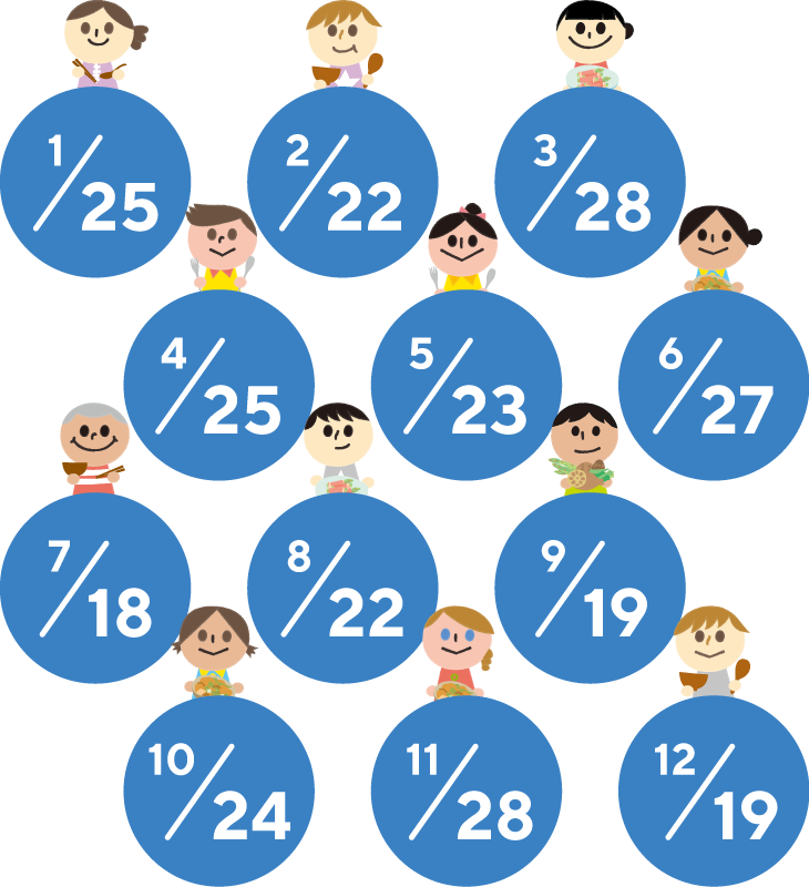 1月25日(土) 2月22日(土) 3月28日(土) 4月25日(土) 5月23日(土) 6月27日(土) 7月18日(土) 8月22日(土) 9月19日(土) 10月24日(土) 11月28日(土) 12月19日(土)